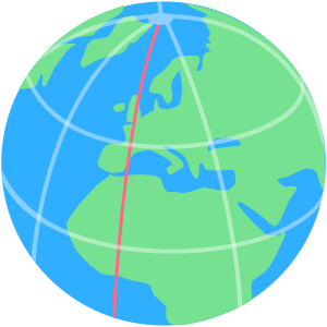 A globe with the prime meridian marked with a red line